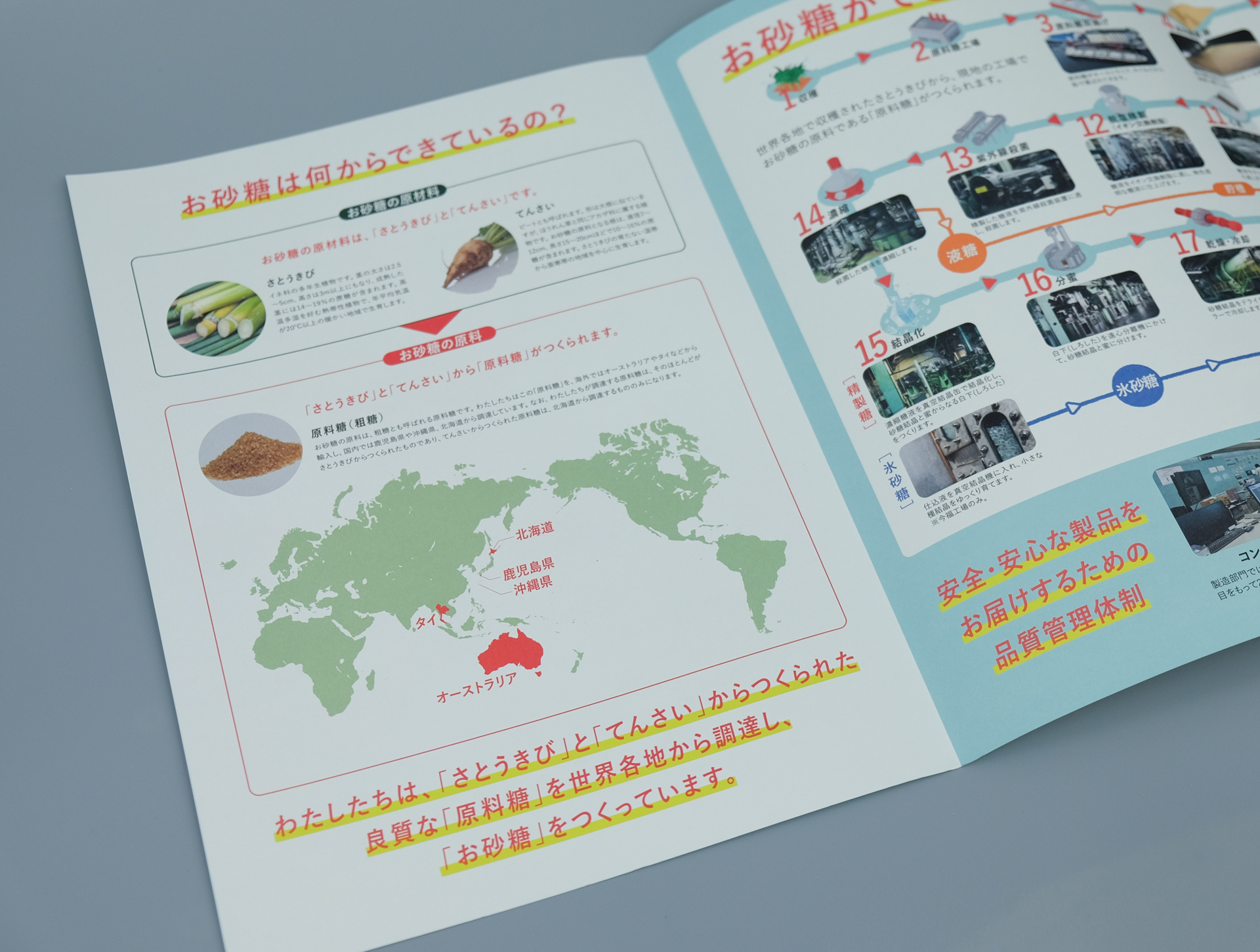 砂糖の原料と産地を紹介する工場案内のページ