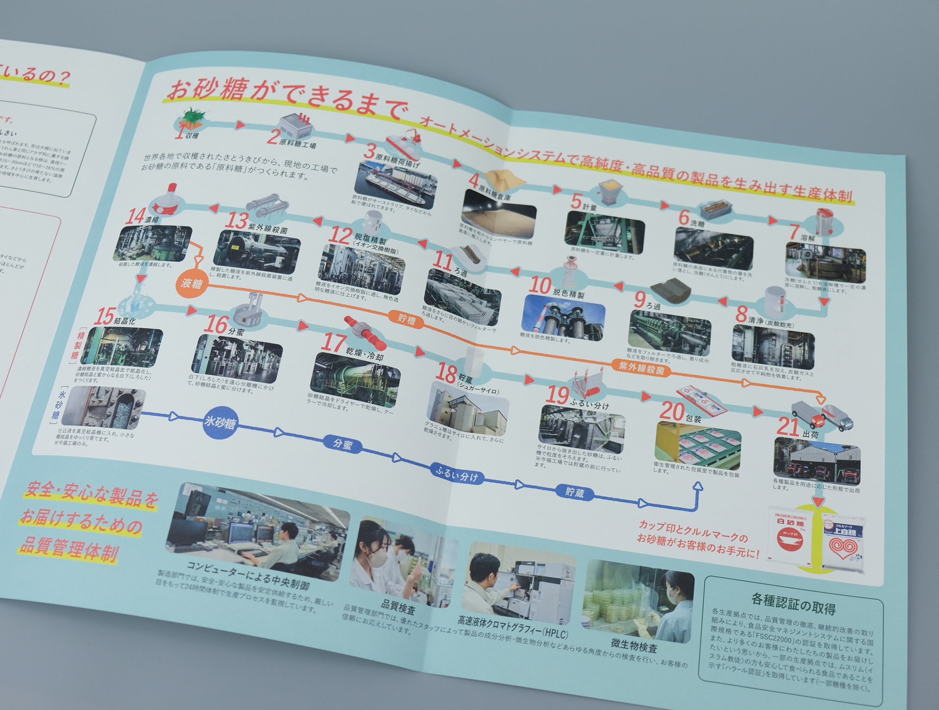 砂糖の製造工程と品質管理を写真とイラストで説明する工場案内の見開き