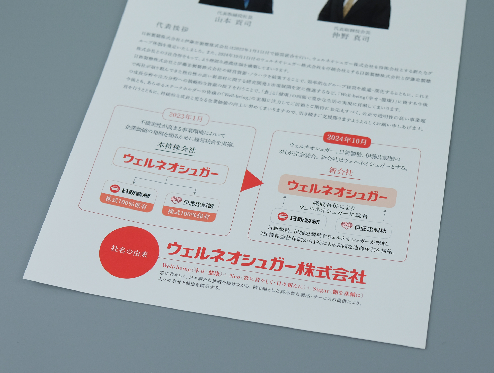 ウェルネオシュガーの経営統合と社名の由来を説明するリーフレット