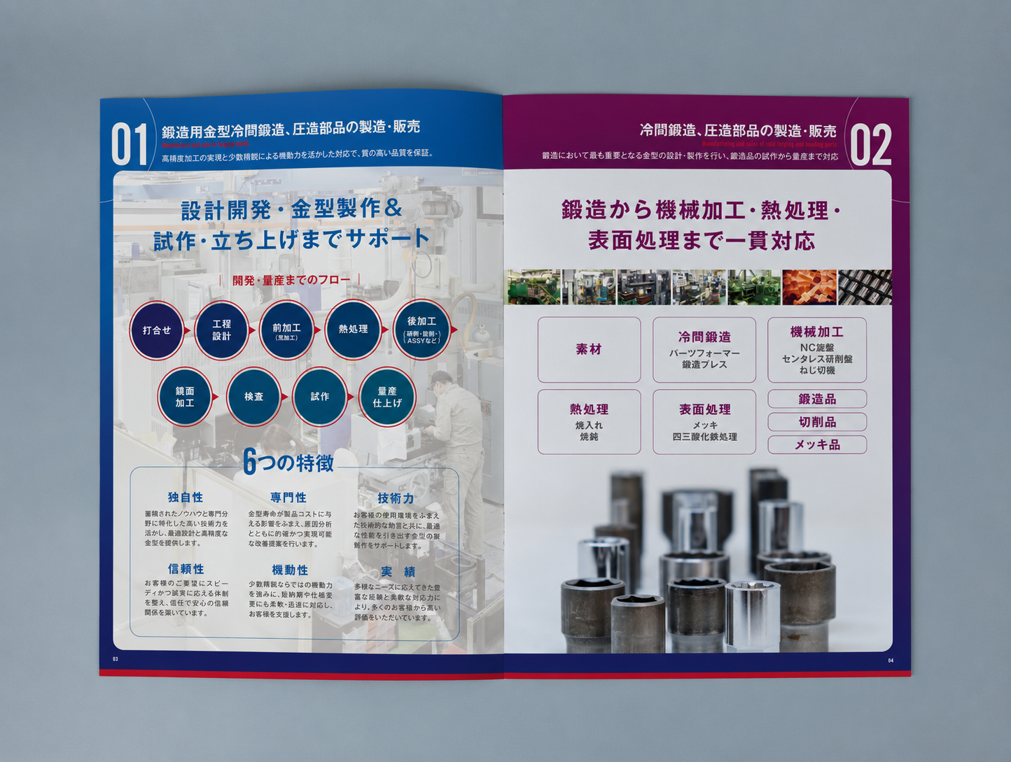 フォーツール会社案内の金型製作と冷間鍛造部品を紹介する見開き